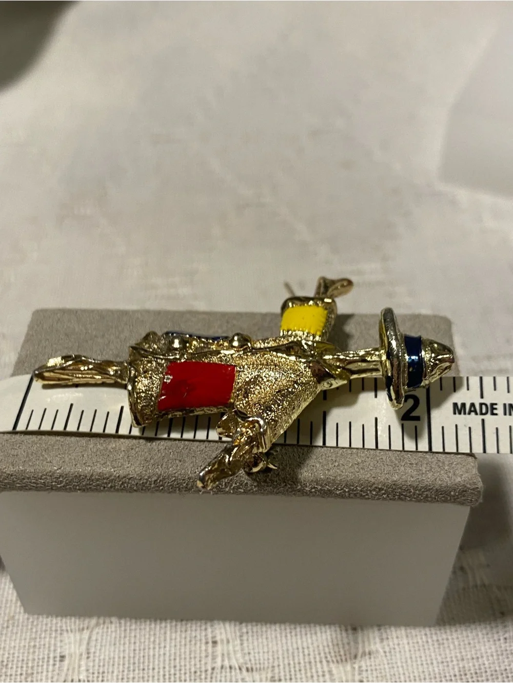 Sarah Coventry “Patches” Scarecrow Pin with Red, Blue & Yellow Enamel 1969
